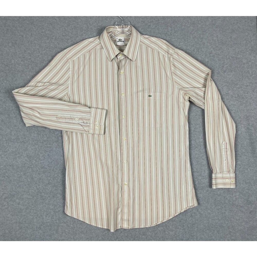 Men's Lacoste Button Up Long Sleeve Dress Shirt Size 42 Brown Striped